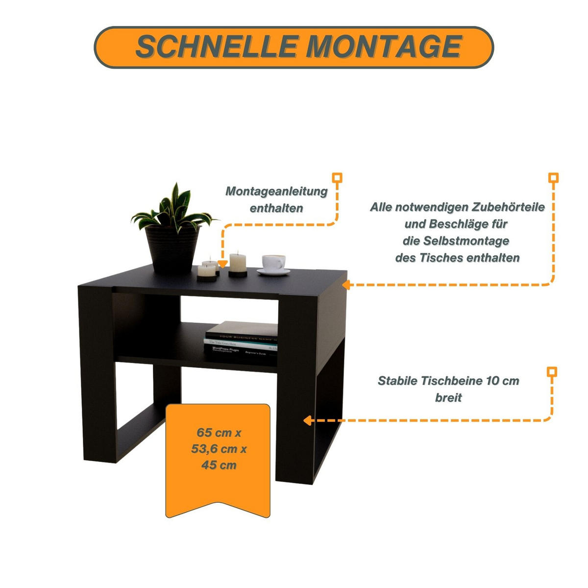 COUCHTISCH Holzwerkstoff rechteckig stabil Schwarz 45/53,6/65cm - Schwarz, Holzwerkstoff (53.6/65/45cm) - CraftPAK