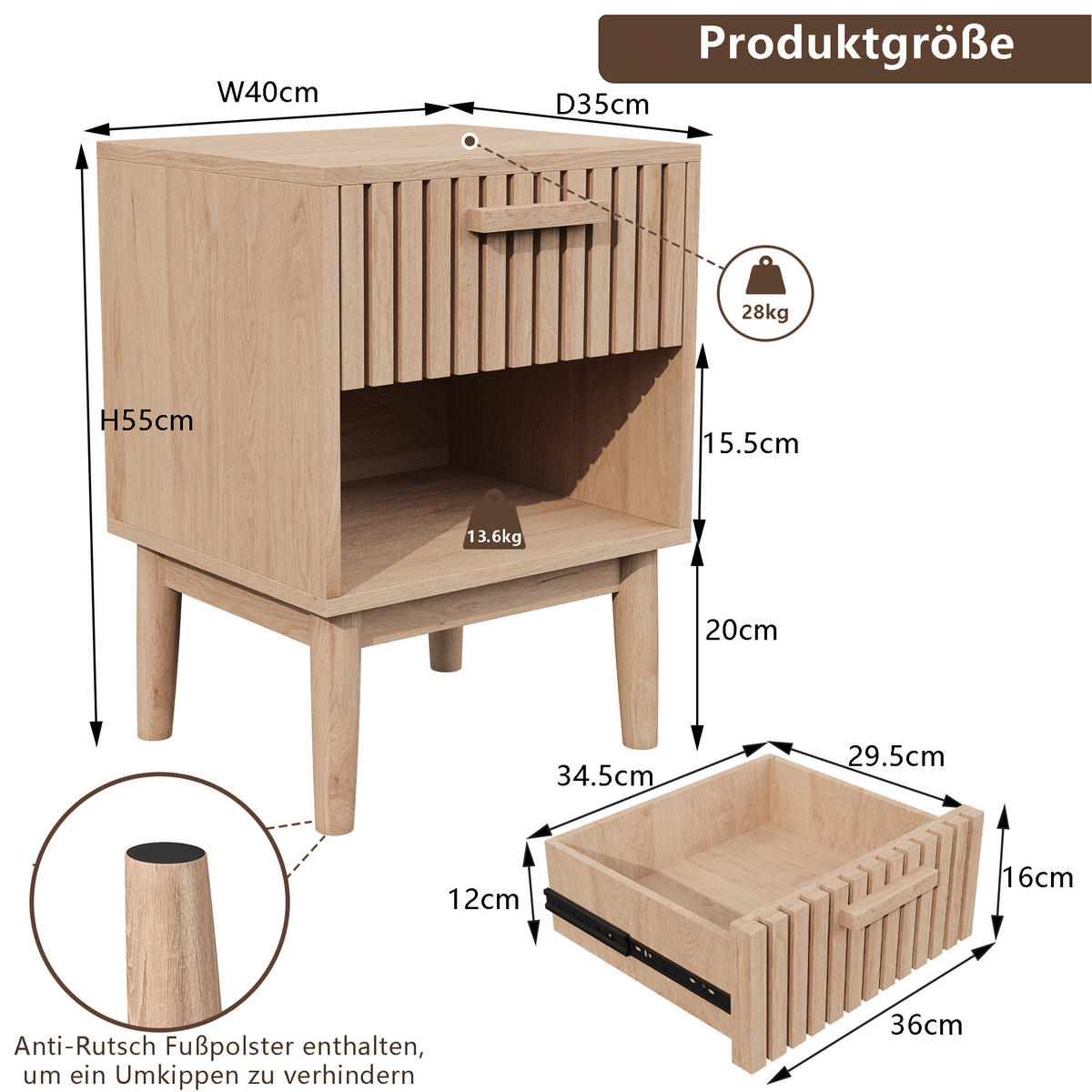 NACHTTISCH 2er Set Holzoptik Schubladen Ablage 40x35x55 cm - Naturfarben, Holz (35/55/40cm) - LEBENLANG