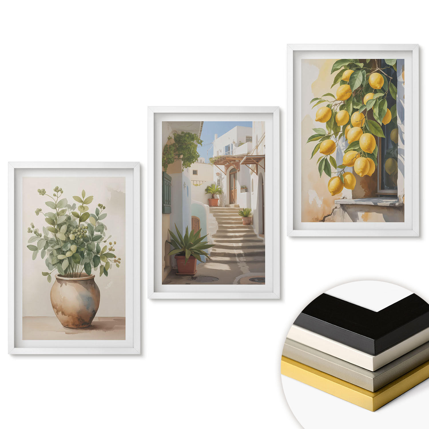 WANDBILDER 3er-Set - 40x60 cm Weißer Rahmen - Zitronenblumen im Topf, Straßen - Weiß, Kunststoff (40/60cm) - ArtPrintCave