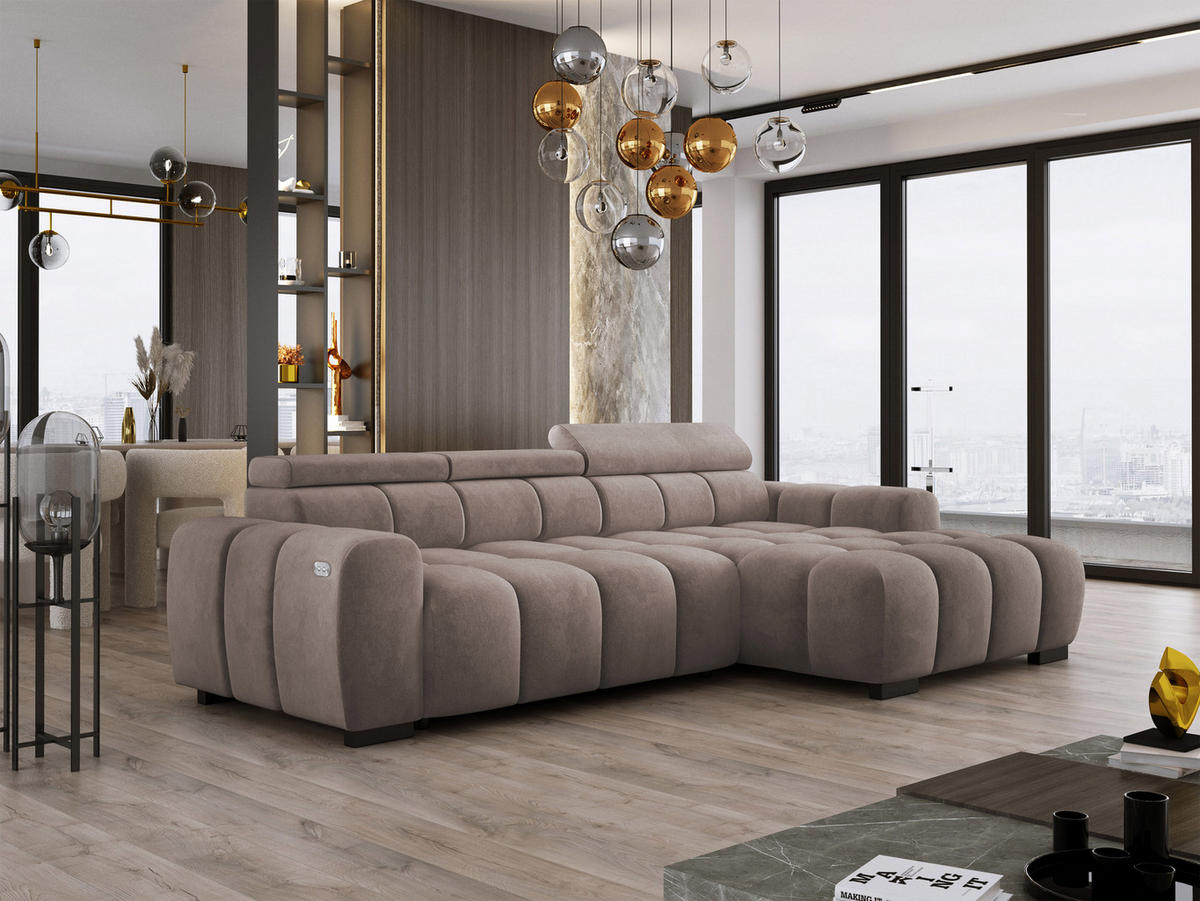 ECKSOFA OMBO 285x168x77/97 cm, Rechts, Schlaffunktion, elektr. Sitz, Kopfstützen, Buche dunkel, hydrophober SALVADOR-Stoff – Cappuccino - Cappuccino, Holz/Textil (285/168cm) - DomoHome