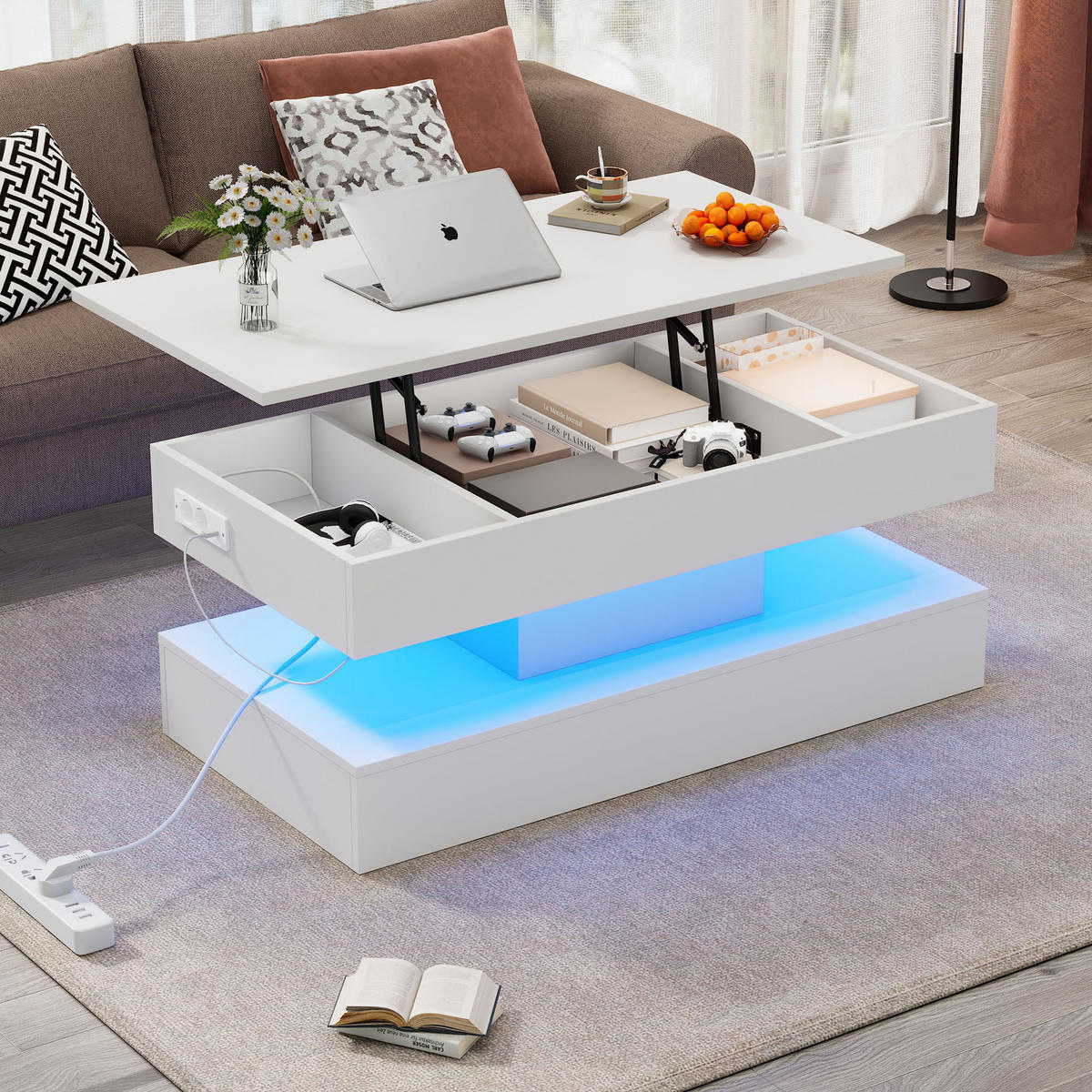 COUCHTISCH aus Spanplatte 100x50x42 cm in Weiß mit LED & Steckdosen - Weiß, Holzwerkstoff (50/100/42cm) - Modfu