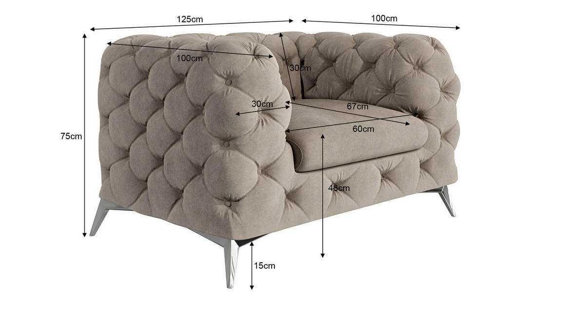 CHESTERFIELD-SESSEL Laura Dunkle Creme Samt - Silberfarben/Creme, Holz/Textil (125/75/100cm) - S-Style Möbel