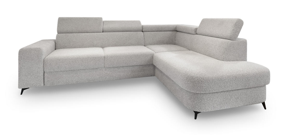 ECKSOFA ALVORO R-S Hellgrau Boucle-Stoff mit Schlaffunktion - Hellgrau, Holz (253/190cm) - MASSENO
