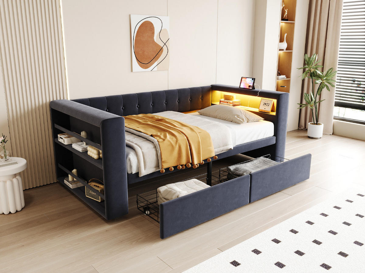 POLSTERBETT 90/190 cm Dunkelgrau aus Flannelette mit LED-Beleuchtung - Dunkelgrau, Textil (90/190cm) - OKMYHOME