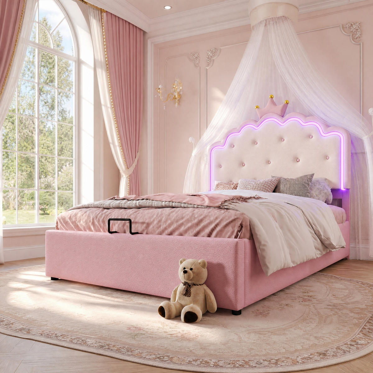 KINDERBETT 140/200 mit LED, hydraulischem Bettkasten und Lattenrost in Rosa - Rosa, Holzwerkstoff/Textil (140/200cm) - EVRYAE