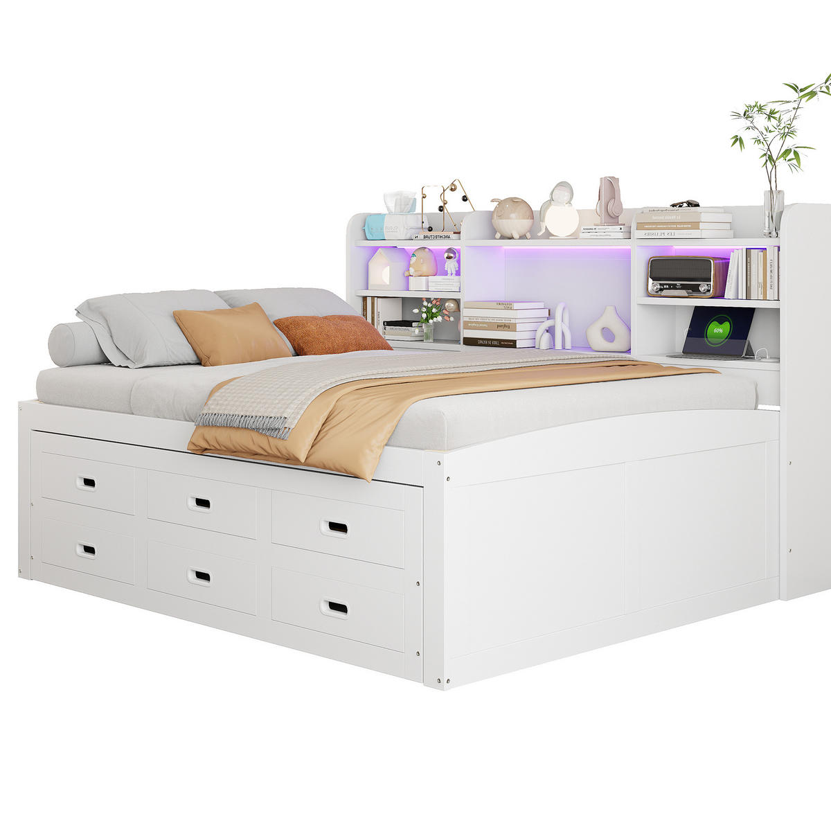TAGESBETT 140/200 cm mit LED-Beleuchtung, 3 Schubladen und USB/Type-C in Weiß - Weiß, Holzwerkstoff (140/200cm) - BEAOK