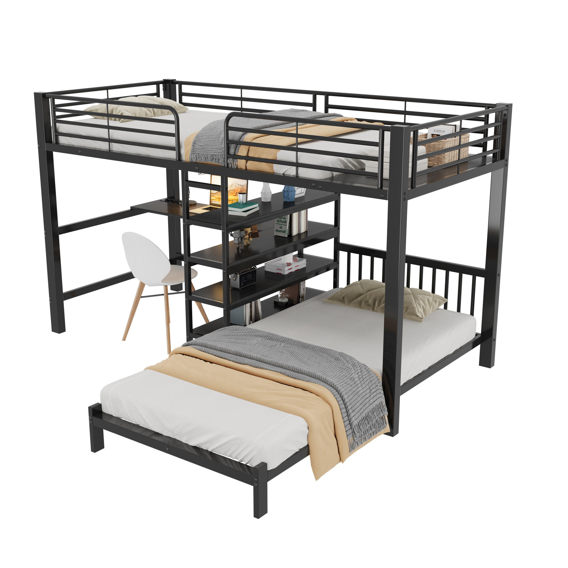 HOCHBETT Metall & MDF 90x200 cm Schwarz mit Schreibtisch, Stauraumtreppe und 2 Schlafplätzen - Schwarz, Holzwerkstoff (90/200cm) - Modfu