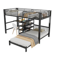HOCHBETT Metall & MDF 90x200 cm Schwarz mit Schreibtisch, Stauraumtreppe und 2 Schlafplätzen - Schwarz, Holzwerkstoff (90/200cm) - Modfu