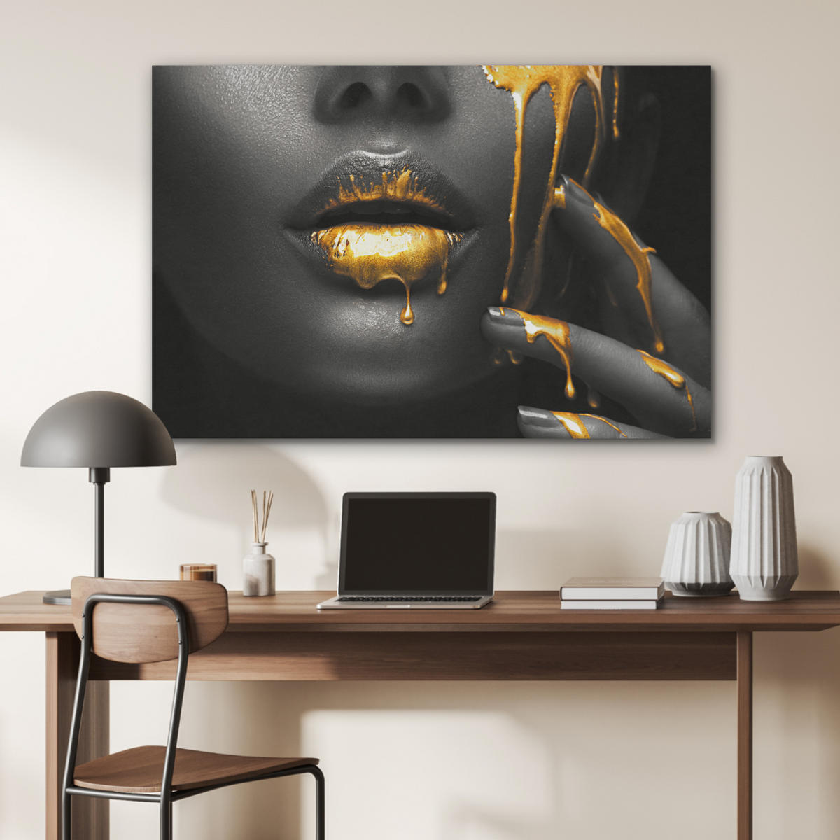 AKUSTIKBILD Frau - Schwarz - Gold - Gesicht - Lippen Akustikpaneele 90x60 cm - Goldfarben, Kunststoff (90/60/0.9cm) - MuchoWow