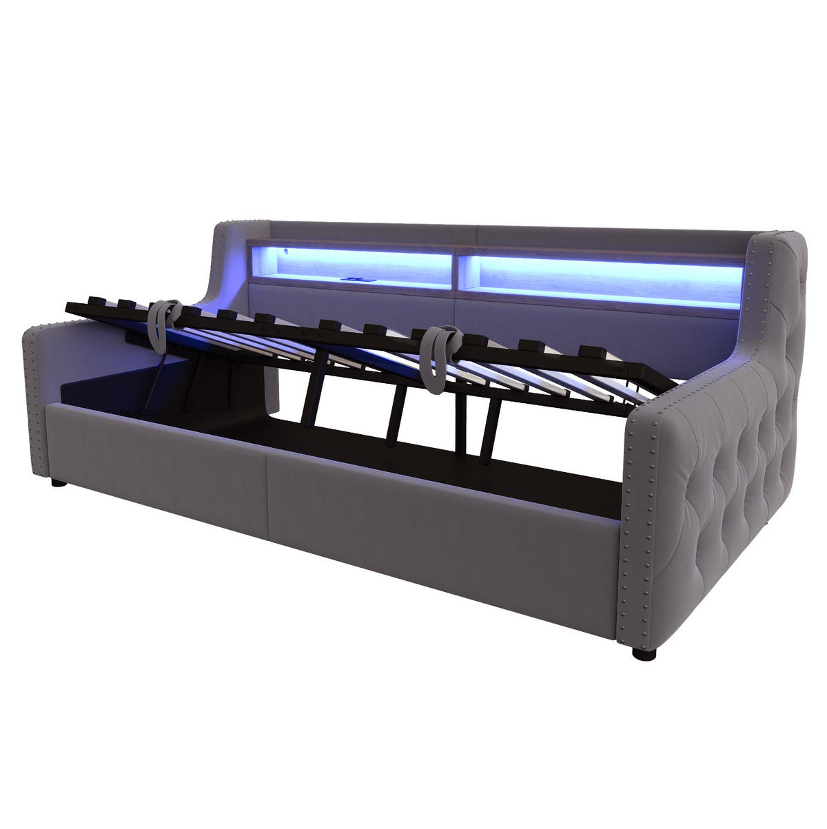 SCHLAFSOFA 90/200 cm mit LED, Stauraum, Ablage, Steckdose und USB-C, Samt mit Lattenrost, Dunkelgrau - Dunkelgrau, Textil (104/81/216cm) - Redom