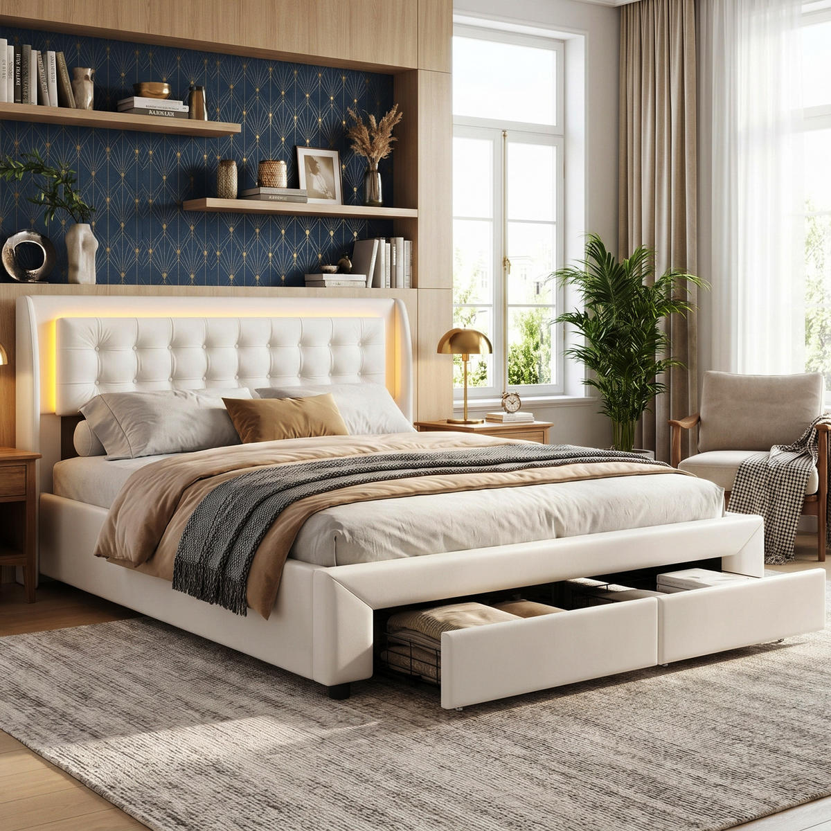 POLSTERBETT Chesterfield 180/200 cm mit Bettkasten & Schubladen Samtoptik Beige - Beige, Textil (180/200cm) - Creahappy