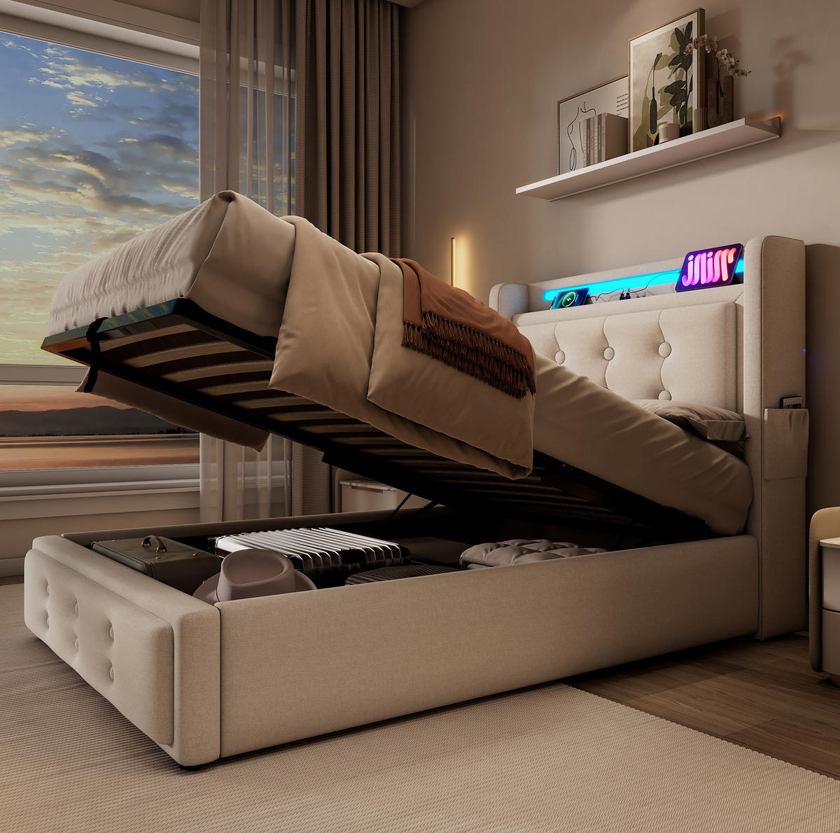 POLSTERBETT mit Bettkasten 90/200 cm in Beige mit LED, USB-C und Matratze - Beige, Textil (90/200cm) - BEAOK