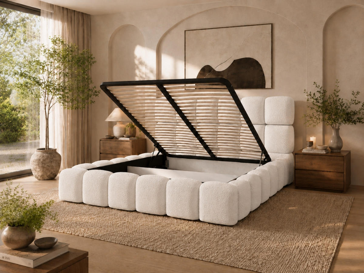 POLSTERBETT TESSA 140x200 cm in Weiß, gepolstertes Kopfteil, Metalllattenrost, Bettkasten, Bouclé-Stoff - Weiß, Holz/Textil (140/200cm) - EMLAR Home