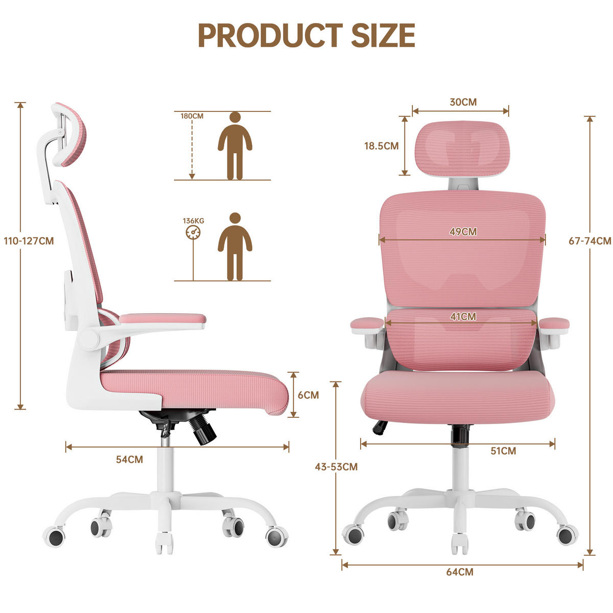 BÜROSTUHL Weiß-Pink ergonomisch mit klappbaren Armlehnen - Pink, Metall (25/52.5/65cm) - Rattrix