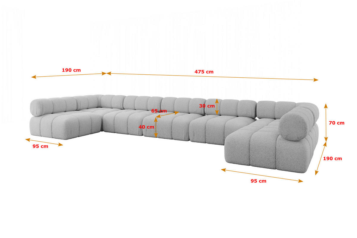 WOHNLANDSCHAFT modulares Sofa Garvo-U3 - 475x190x70 cm Hellgrau Bouclé - Hellgrau, Holzwerkstoff/Textil (475/70/190cm) - ALTDECOR