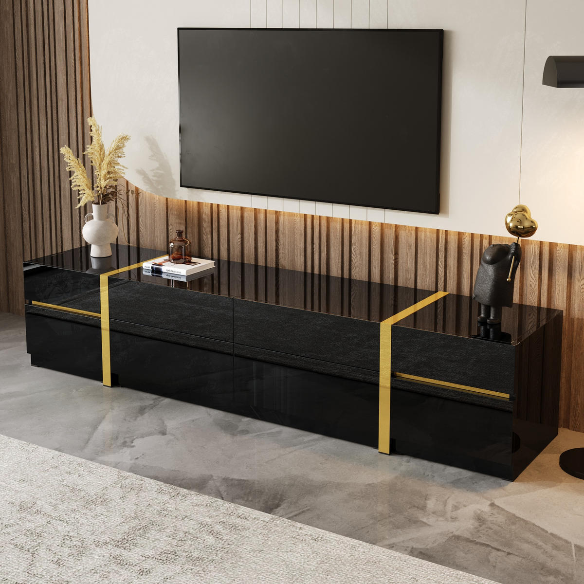 TV-SCHRANK Lowboard Hochglanz Goldkante Türen Schubladen - Schwarz, Holz (180/38/40cm) - LEBENLANG