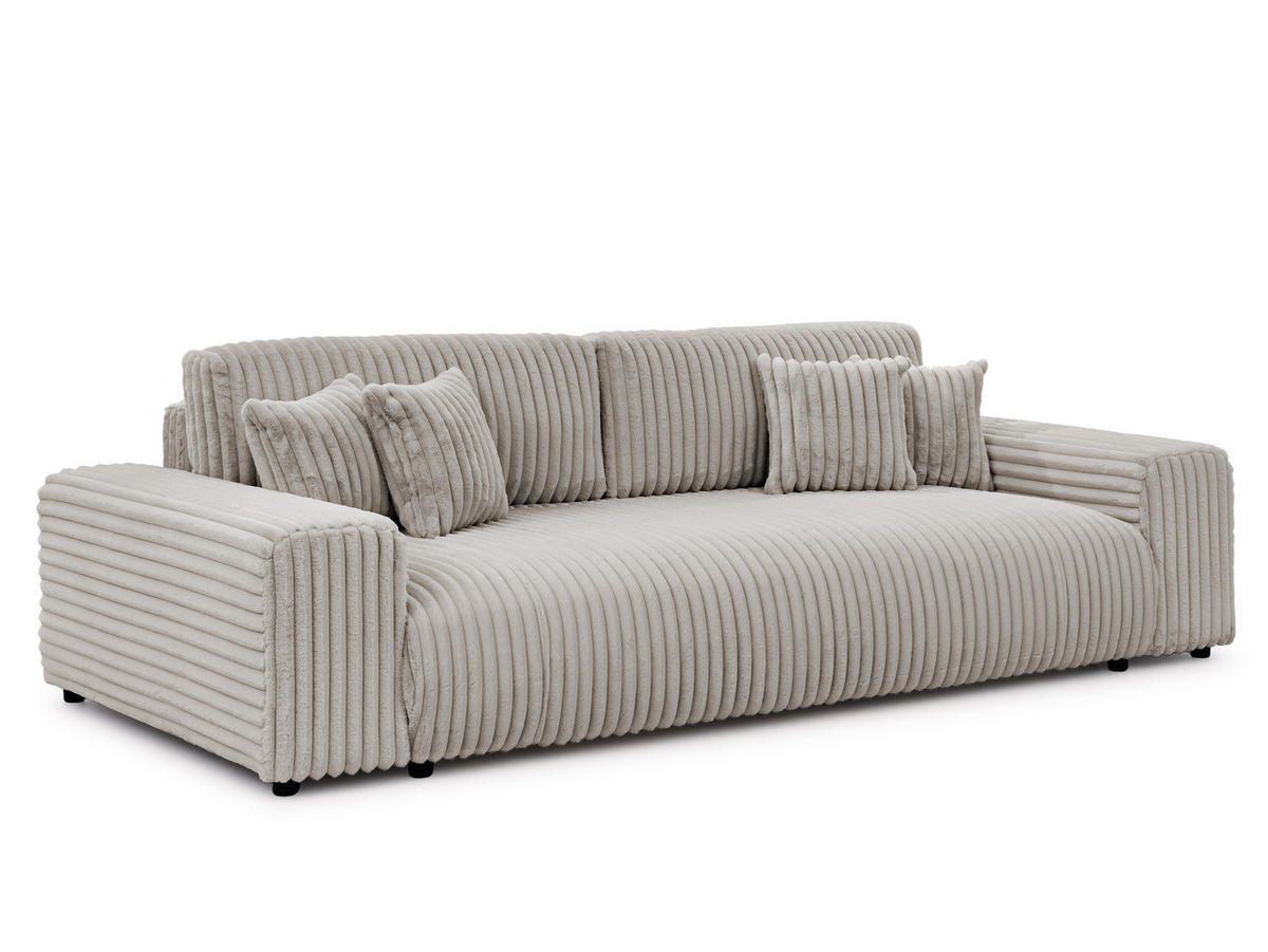 BIGSOFA Mollis Hellgrau Plüschcord mit Schlaffunktion - Hellgrau/Schwarz, Holz/Kunststoff (260/77/124cm) - S-Style Möbel