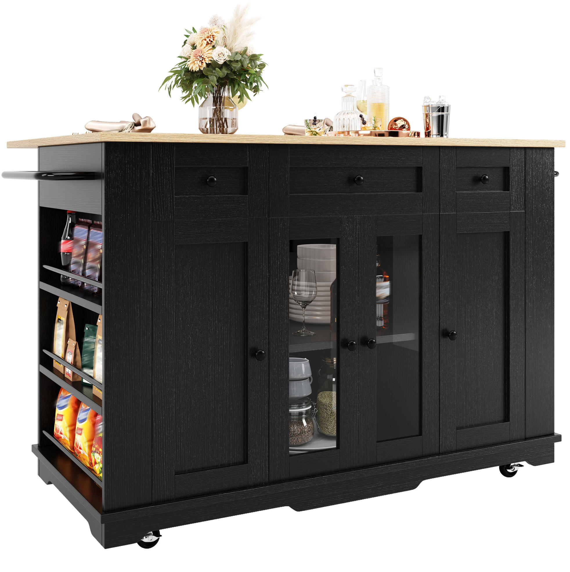 KÜCHENINSEL 151,5/91,7/60 cm Schwarz/Natur aus MDF und Metall mit klappbarer Arbeitsplatte - Schwarz, Holzwerkstoff (60/91.7/151.5cm) - OKMYHOME