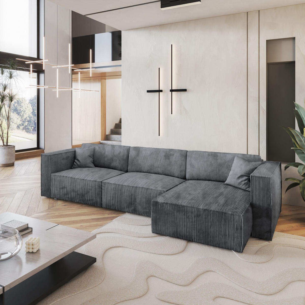 ECKSOFA TOLMO P Grau Kordstoff mit Schlaffunktion - Grau, Holz (347/148cm) - MASSENO
