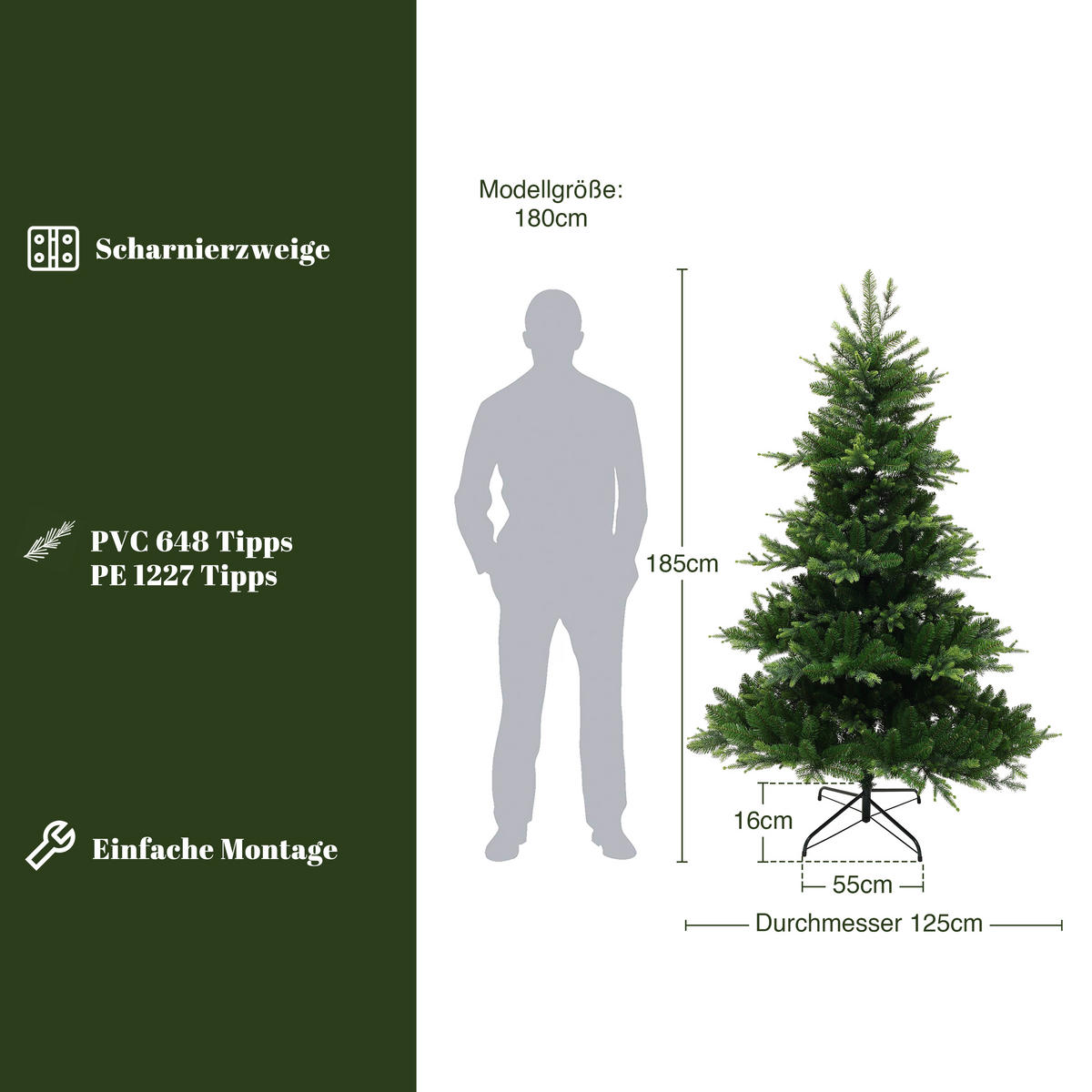 KÜNSTLICHER Weihnachtsbaum 185 cm, Tannenbaum mit Metallständer - Grün, Kunststoff (125/185cm) - Hometopia