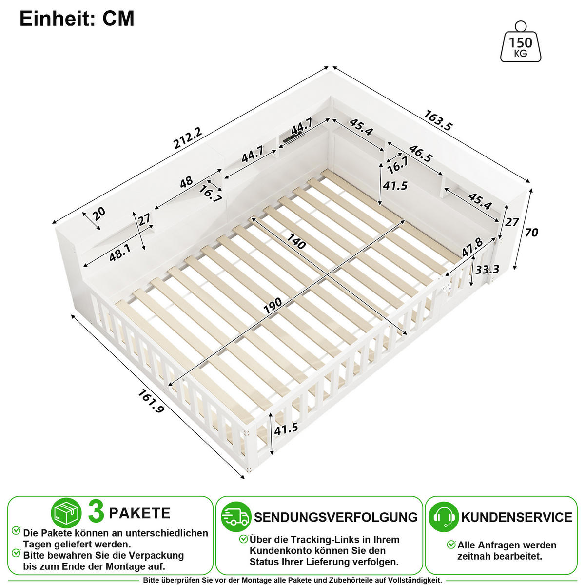 BETT 140/190 cm in Weiß mit Staufach, USB und Steckdose - Weiß, Holzwerkstoff (140/190cm) - CHICFURN