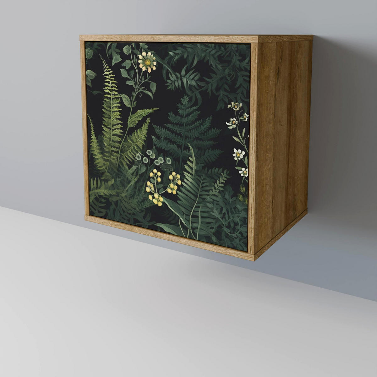 SIDEBOARD FERN FLOWERS, Eichefarben, 57,5x42x67,5 cm, Schwarze Metall-Rahmenfüße - Eichefarben/Multicolor, Holzwerkstoff/Metall (57.5/67.5/42cm) - SpaceRebels