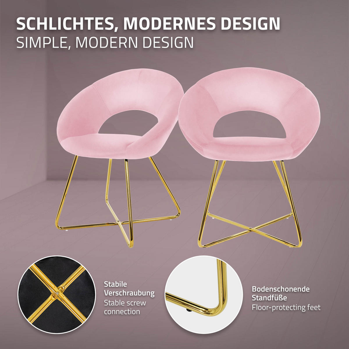 STUHL Samt rose - Pink/Goldfarben, Metall (53/77/64cm) - ML-DESIGN