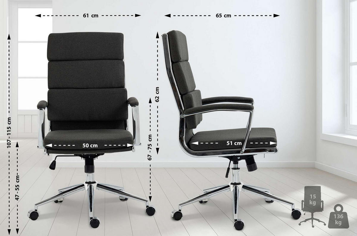 BÜROSTUHL Cyron Stoff dunkelgrau - Chromfarben/Dunkelgrau, Textil/Metall (61/115/65cm) - TPFLiving