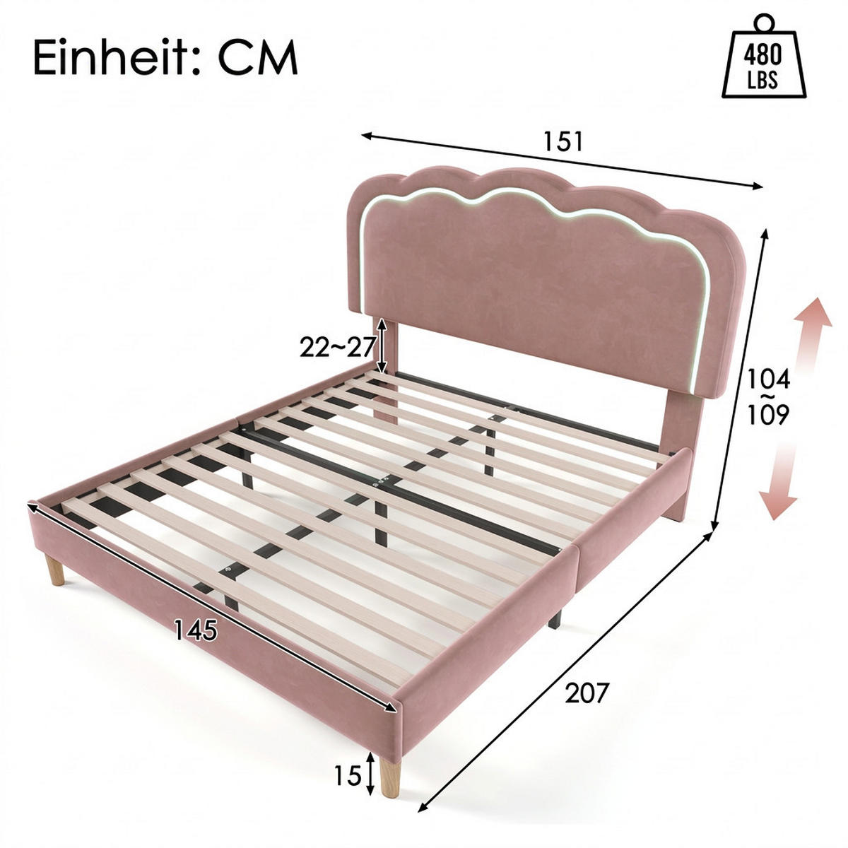 POLSTERBETT 140/200 cm Rosa mit LED und Verstellbares Kopfteil - Rosa, Textil (140/200cm) - Oxeza