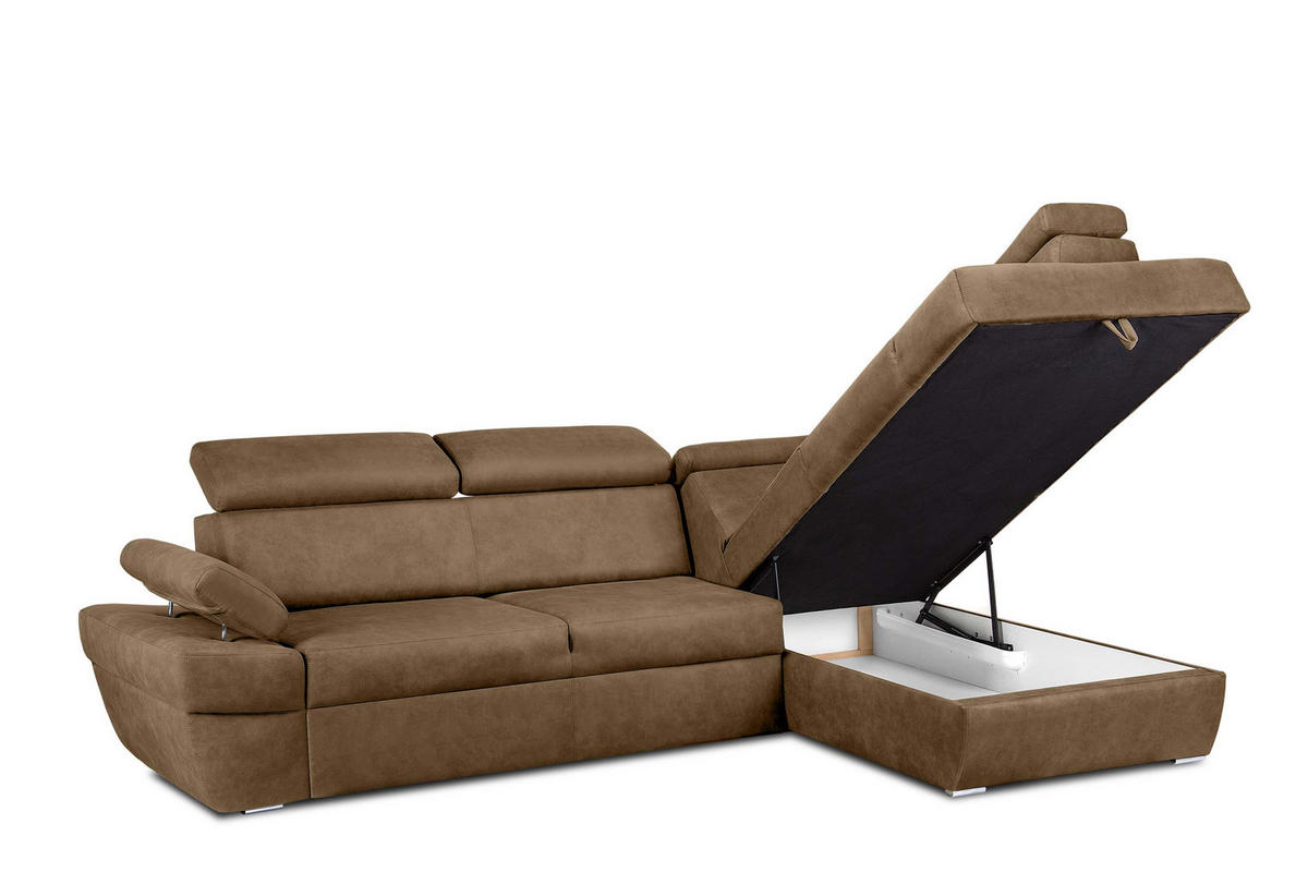 SCHLAFECKSOFA RATLO rechts 4/5-Sitzer mit Bettkasten in Lederoptik, braun - Silberfarben/Braun, Textil (270/190cm) - KONSIMO®