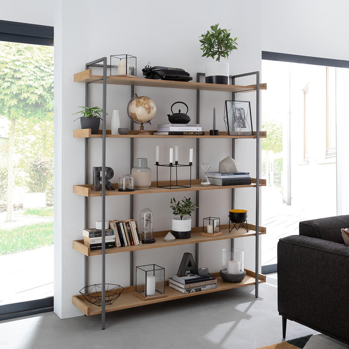 BÜCHERREGAL - Echtholzfurnier / Metall, Breite 160 cm - Eichefarben, Holzwerkstoff (160/190/35cm) - home24