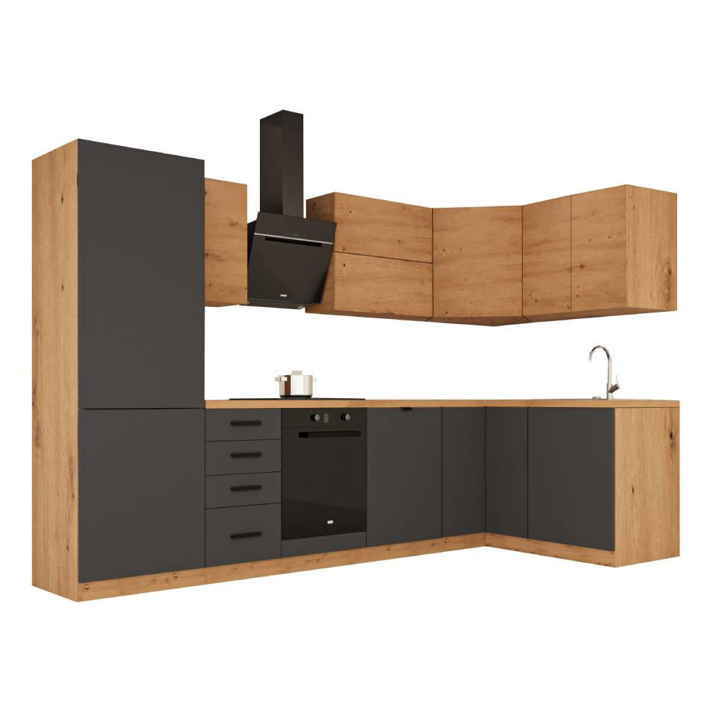WINKELKÜCHE 300 cm x 140 cm - Langen KL6-M300 - in Grau / Artisan Eiche - Schwarz/Eiche Artisan, Holz/Holzwerkstoff (440/212/58cm)
