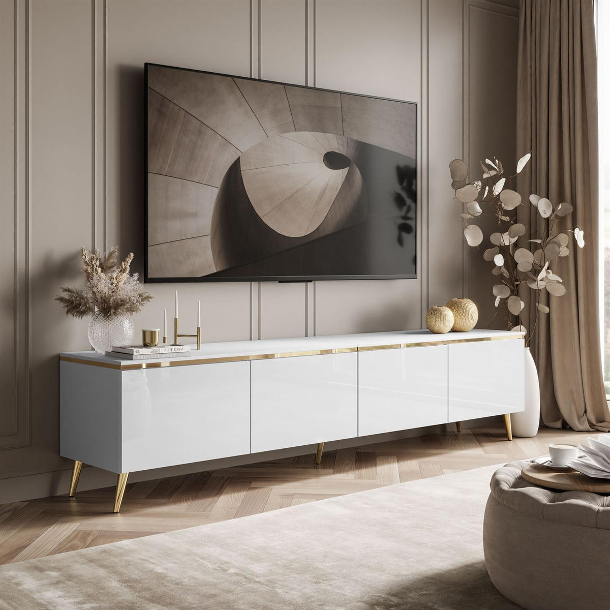 TV-RACK CELINE GLOSS 200 cm auf schräge goldenen Füßen - Weiß, Holzwerkstoff (200/48/40cm) - Lookway