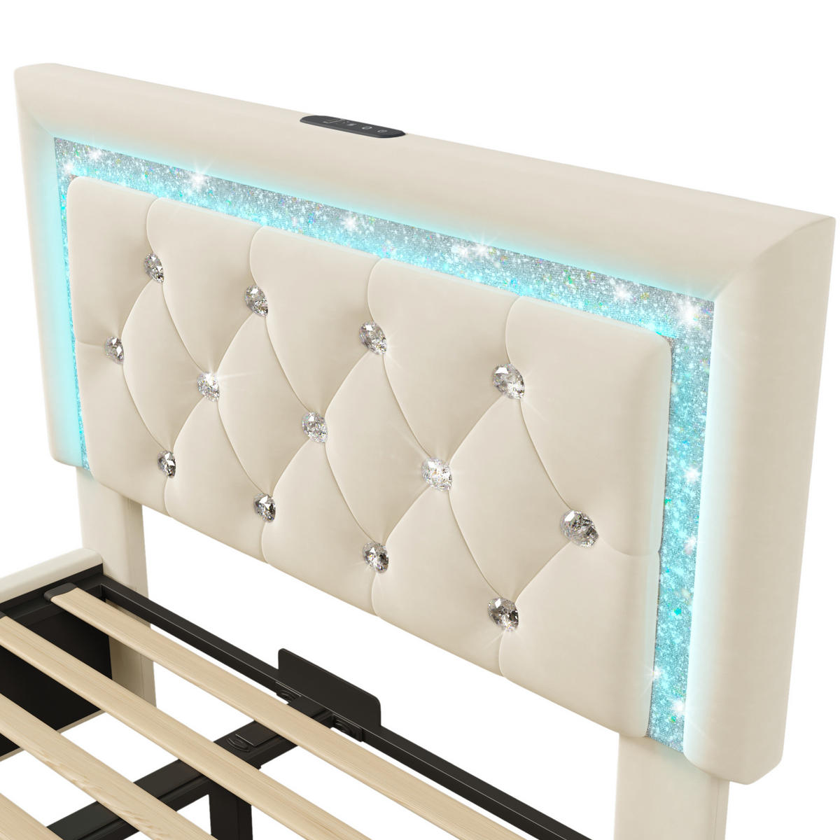 POLSTERBETT Samt 90x200 cm Beige mit LED-Beleuchtung, USB-/Type-C-Anschluss und Bettkasten - Beige, Textil (90/200cm) - IVMEU