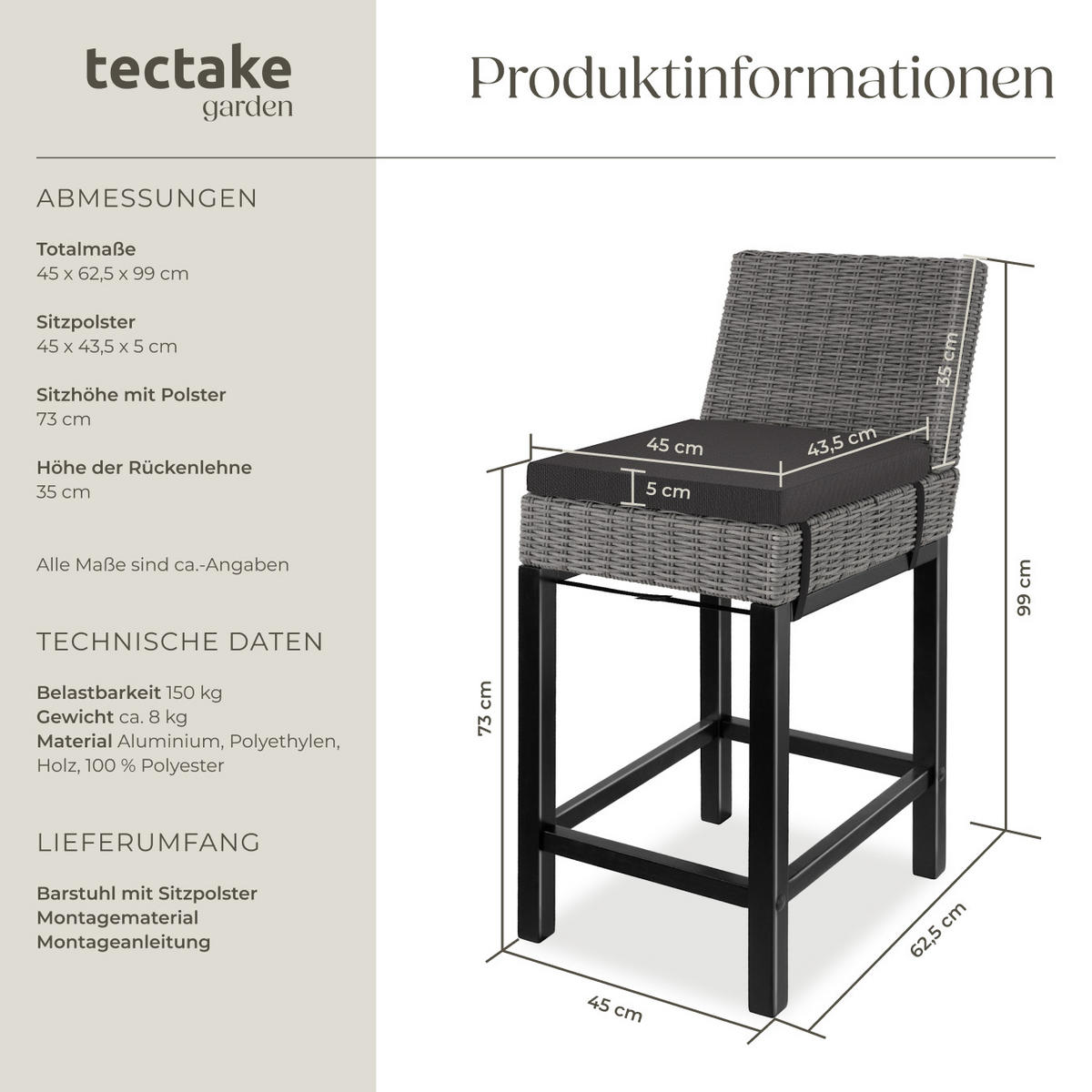 RATTAN-BARSTUHL Latina,inklusive Sitzpolster, 45 x 62,5 x 99 cm,grau - Grau, Kunststoff (45/99/62.5cm) - tectake