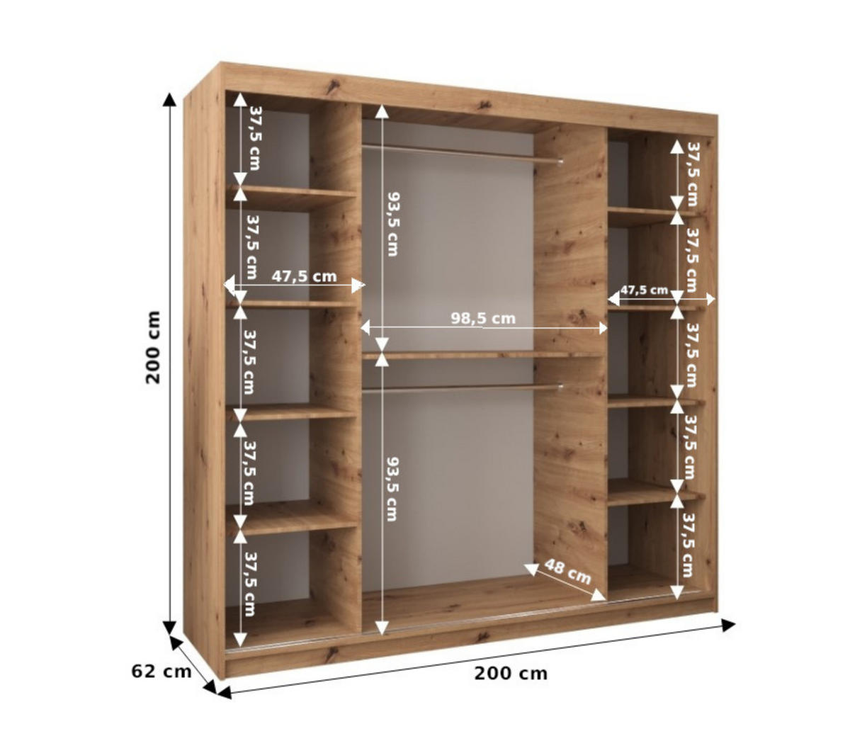 SCHWEBETÜRENSCHRANK 200/200/62 2-türig - Silberfarben/Eiche Artisan, Holz/Kunststoff (200/200/62cm) - MÖBEL KRYSPOL