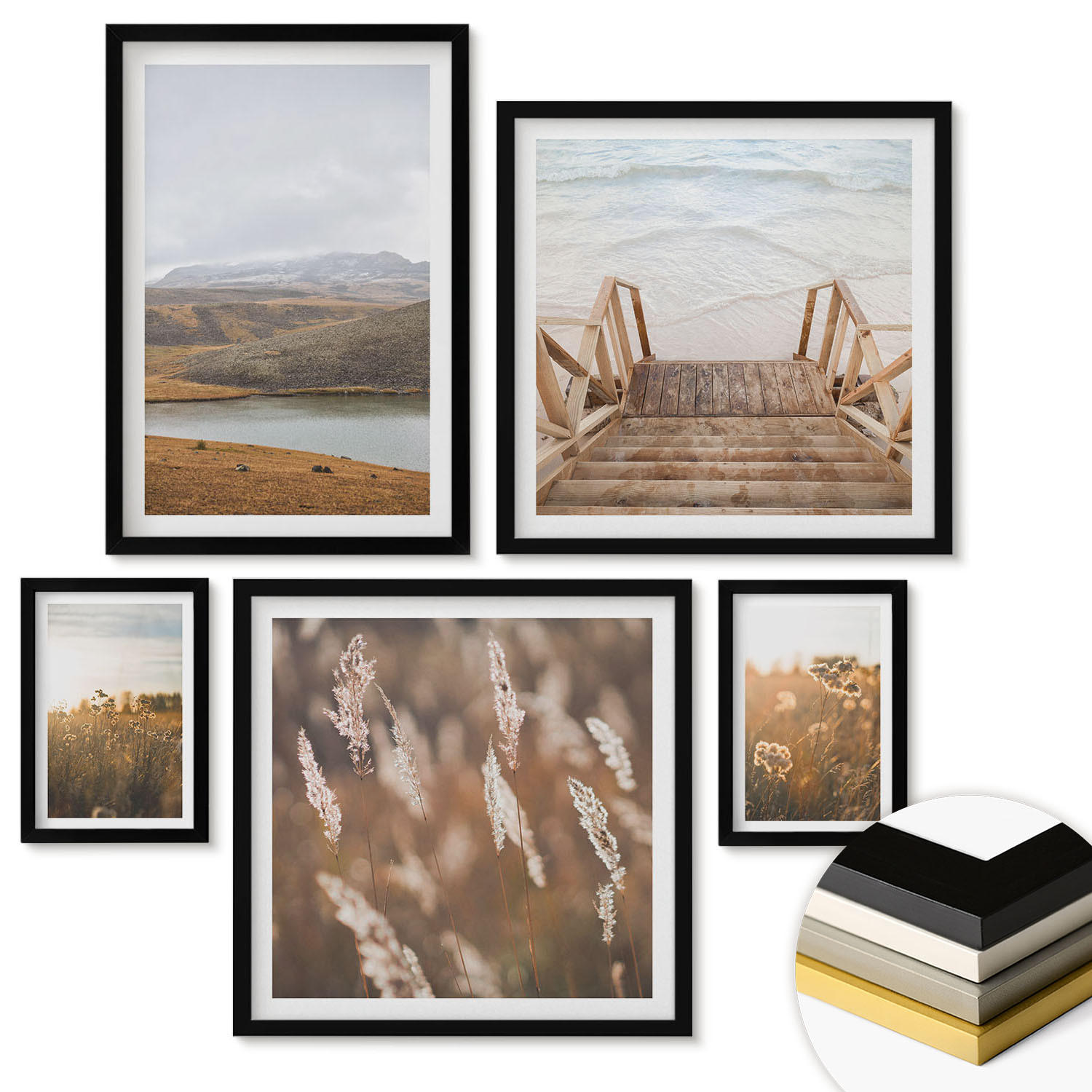 WANDBILDER 5er-Set - 50x50 cm & 20x30 cm & 40x60 cm Schwarzer Rahmen - Landschaften Wiesen Berge See - Schwarz, Kunststoff (40/60cm) - ArtPrintCave
