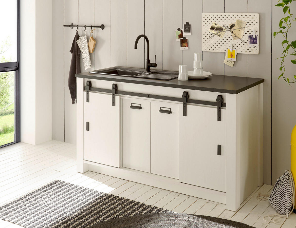 KÜCHENSCHRANK weiß Pinie, anthrazit Landhaus 161 cm, Küche Unterschrank für Spüle oder Kochfeld - Anthrazit/Schwarz, Holzwerkstoff/Metall (161/93/64cm) - Furn.Design