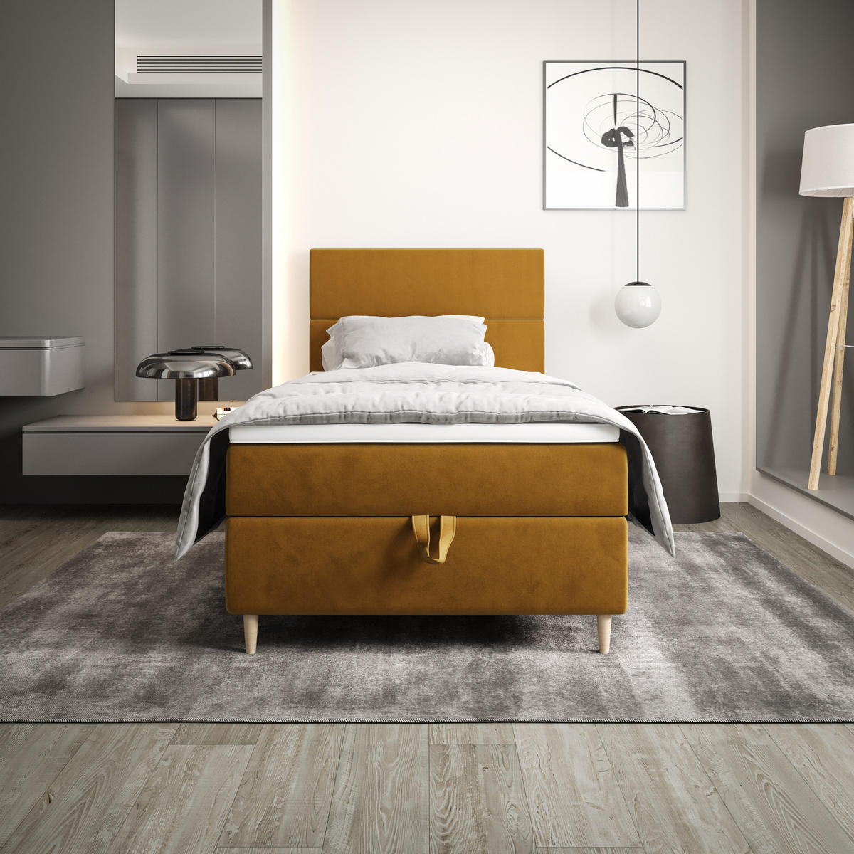 BOXBETT FLO 120x200 Itaka 33, mit Matratze H3, Bonell und Topper, Senfton - Gelb, Holz/Textil (120/200cm) - Bedante