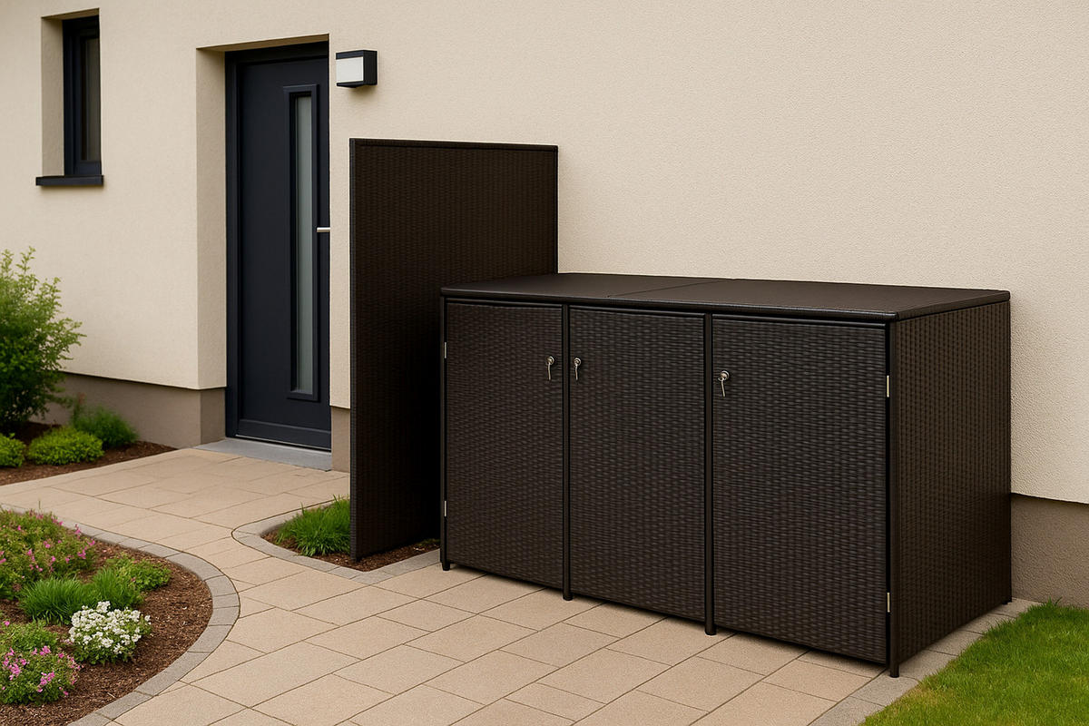 MÜLLTONNENBOX Belfast für 3 Tonnen bis 120L - Mülltonnenverkleidung aus Metall und Polyrattan mocca. BxTxH: 189x66x109 cm - Braun, Metall (189/109/66cm) - TPFGarden