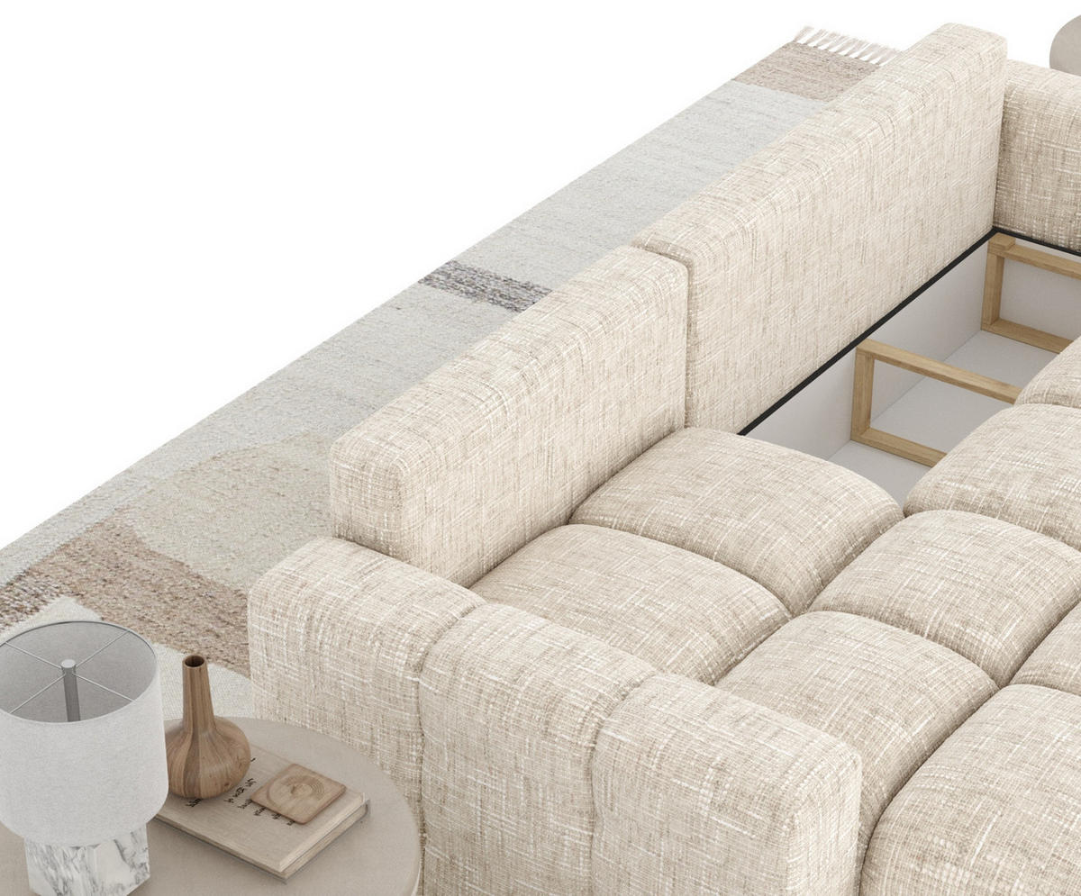 ECKSOFA MIT SCHLAFFUNKTION Ucci Creme Webstoff - Creme/Schwarz, Holz/Holzwerkstoff (233/142cm) - Maison de Reve