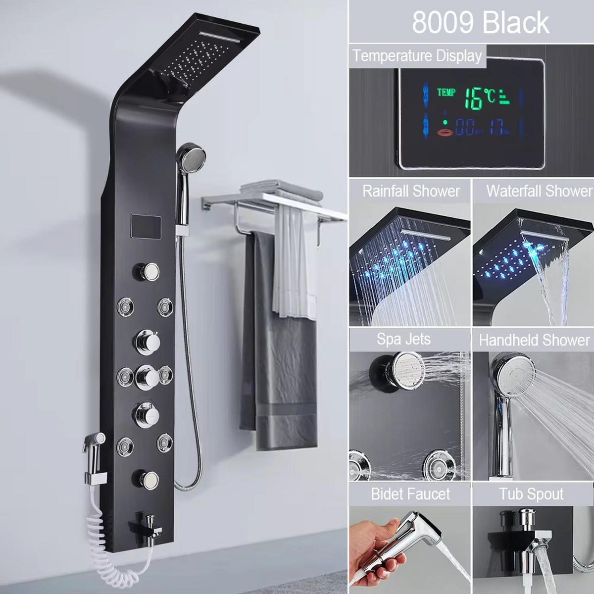 ÜBERKOPFBRAUSESET LED, Schwarz, Wasserfall SPA - Schwarz, Metall (20/114/39cm) - Kaket