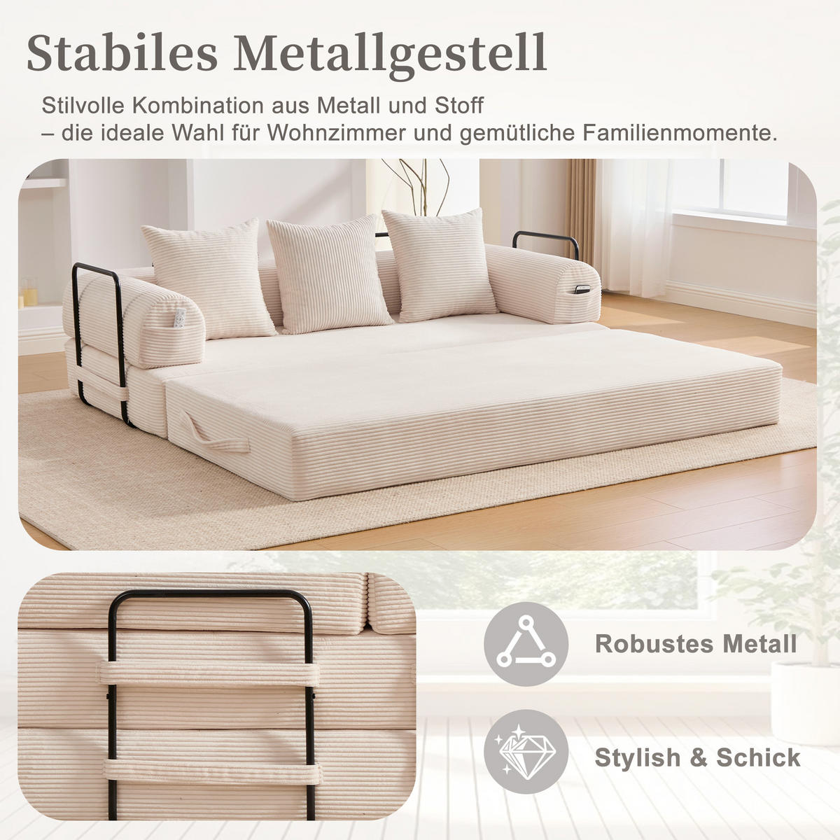 SCHLAFSOFA 200/94/67 cm Beige mit Seitentaschen plus und 3 Kissen - Beige, Textil (200/67/94cm) - Oxeza