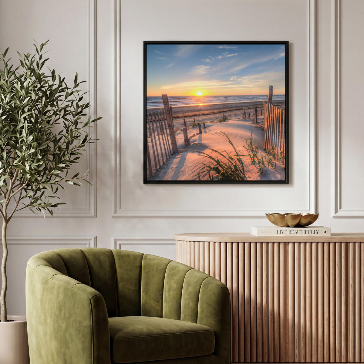 LEINWAND Bilder mit Rahmen - Strand - Meer - Düne - Sonnenuntergang - Landschaft - 50x50 - Beige, Textil (50/50cm) - MuchoWow