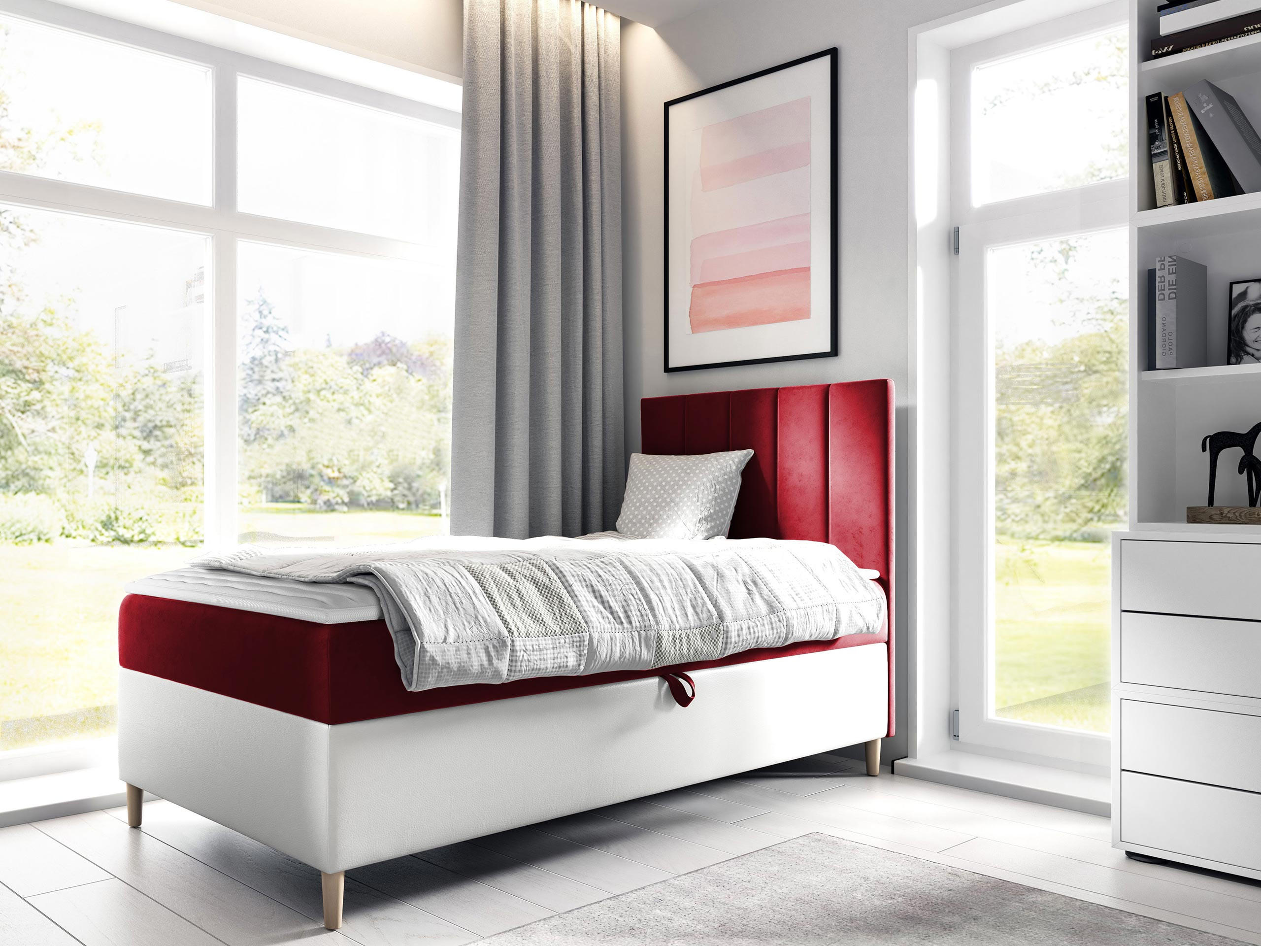 BOXBETT Maja Junior 1, Seite zum Öffnen des Bettkastens: Rechts - Rot/Weiß, Holz (100/200cm) - MIRJAN24