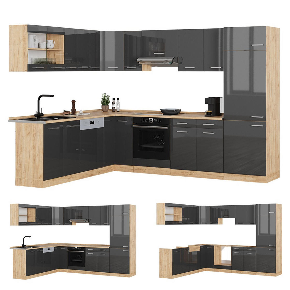 HÖRNKÖK R-Line, Antracit högblank/Goldkraft ek, 287 x 227 cm, AP Oak - Honungsek/Svart högglans, Träbaserade material (287/206.8/60cm) - Vicco