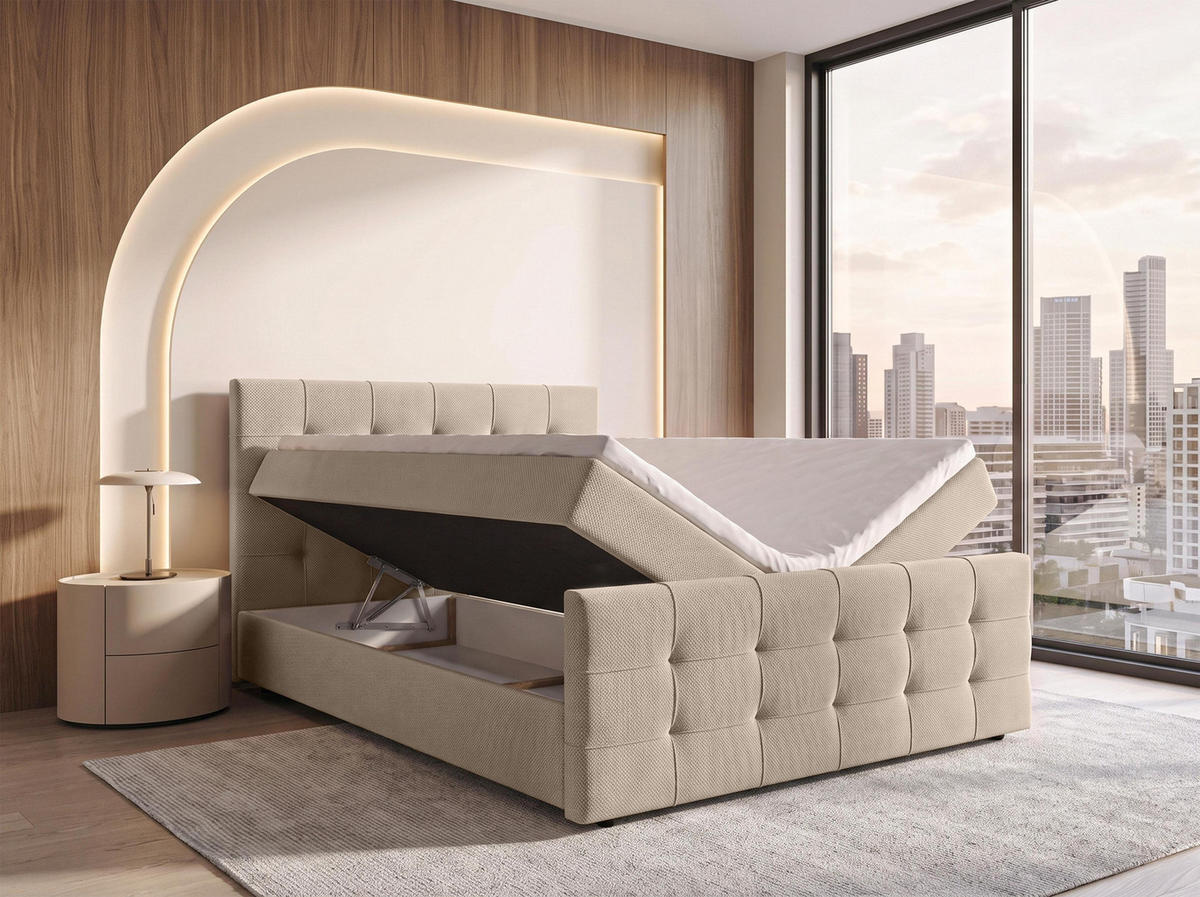 BOXBETT DEFNE 160x200 cm mit Fußteil und Matratze - Creme + TOPPER - Creme/Schwarz, Holz/Holzwerkstoff (160/200cm) - AX Living