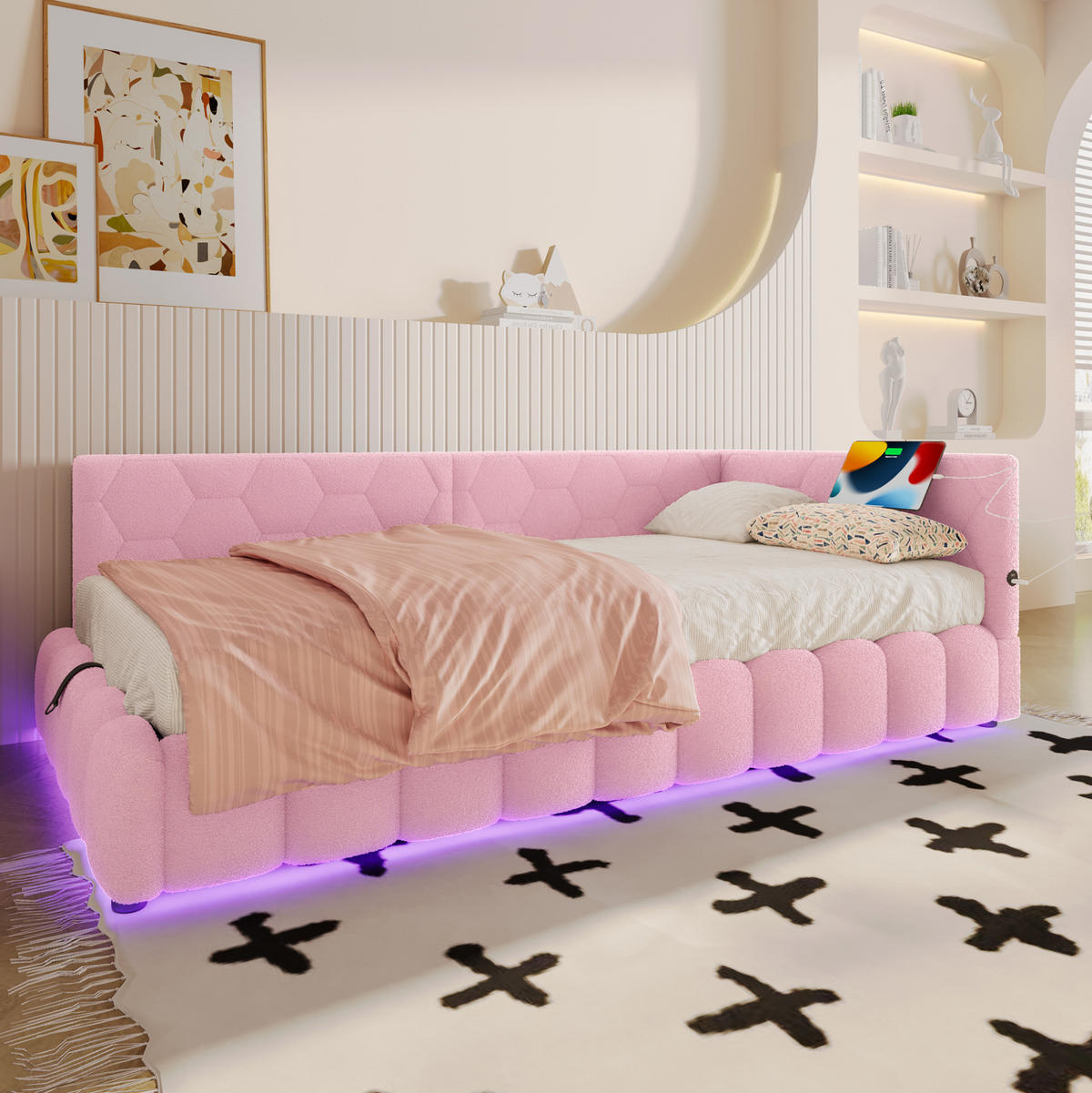 POLSTERBETT 90/200 cm Rosa mit Stauraum mit LED-Beleuchtung mit USB- und Type-C-Anschlüssen - Rosa, Textil (90/200cm) - OKWISH