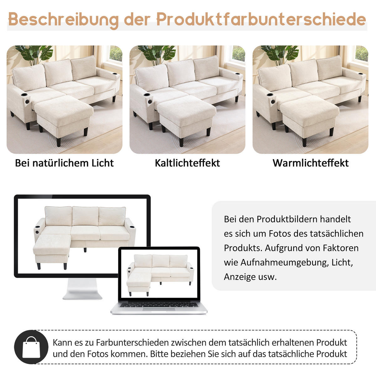 ECKSOFA Leinen mit USB-Anschluss und Typ-C 202/137/80 cm Beige - Beige, Textil (137/202cm) - Redom