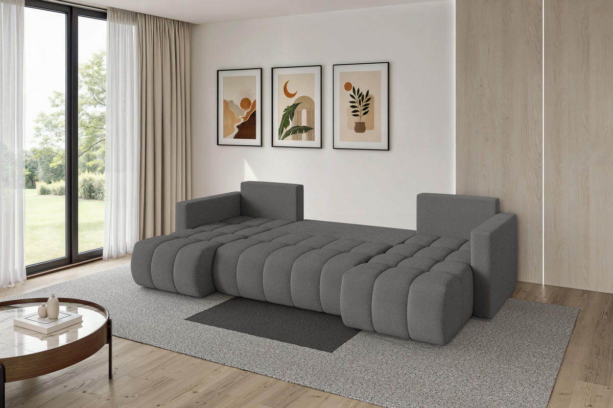 SEDACÍ SOUPRAVA DO U s funkcí spaní a úložným prostorem GARD-U 300x146x85 šedá bouclé - šedá/černá, kompozitní dřevo/textil (300/85/146cm) - ALTDECOR